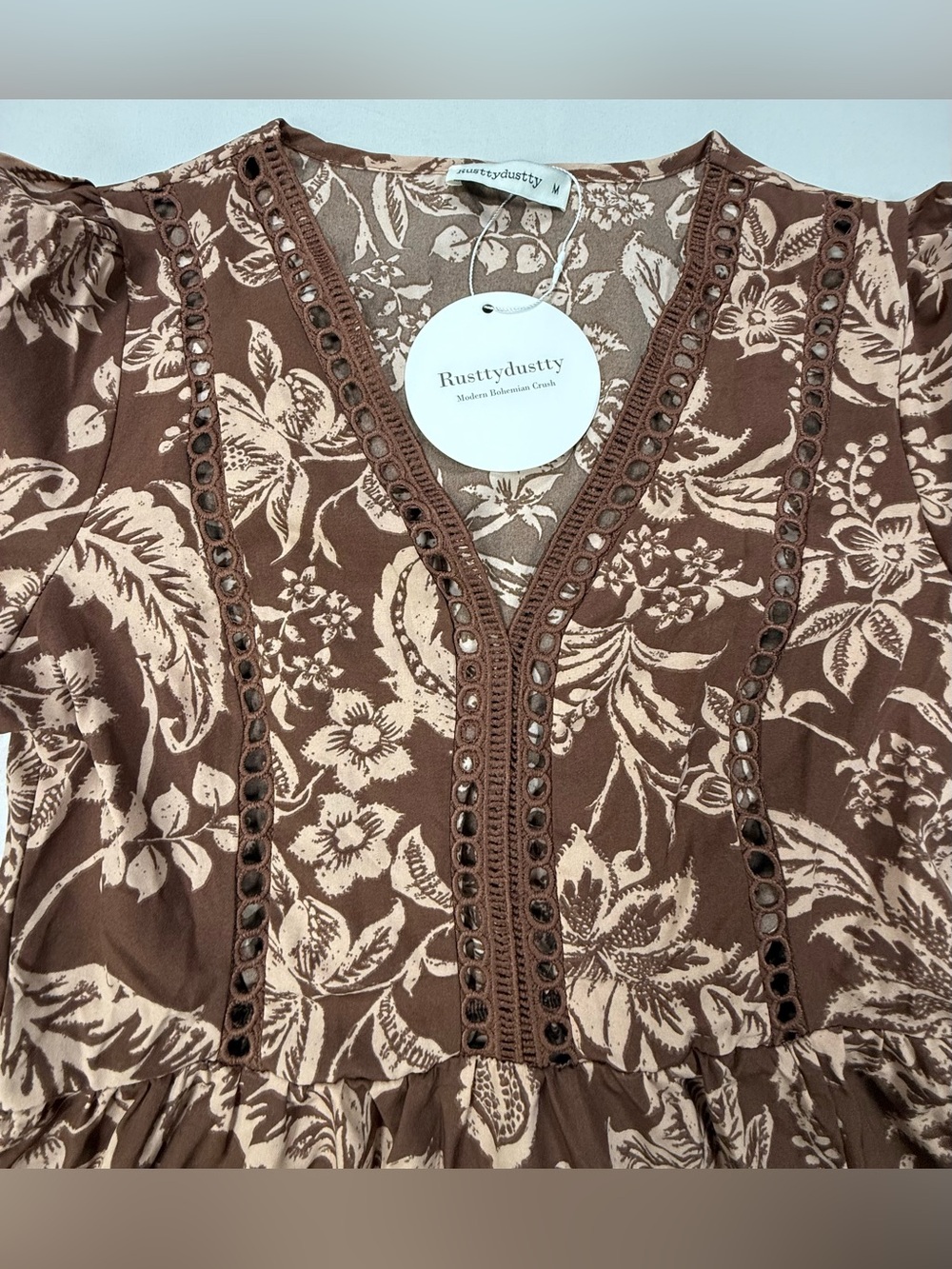 Boho Brown Floral Tiered Maxi Dress with Cream Print - Picture 12 of 14